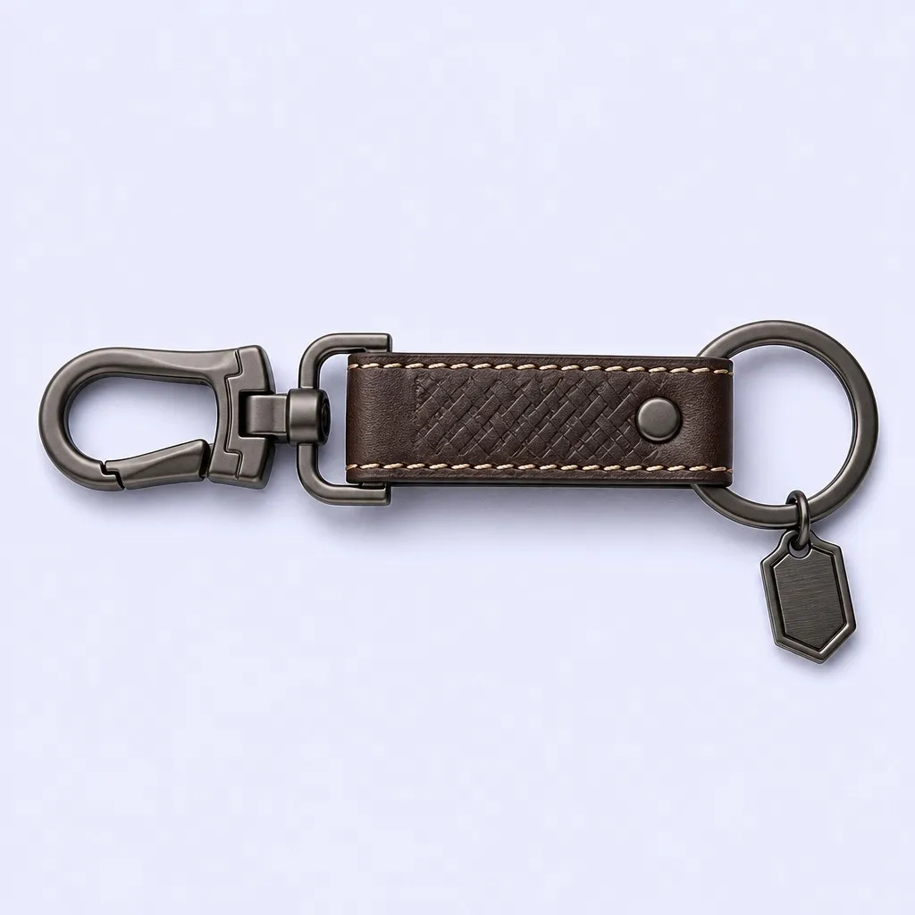 Keychain flat-lay with shield tag