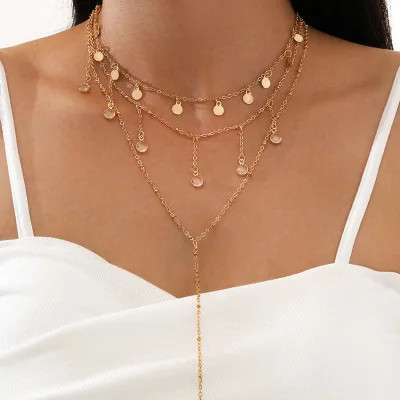 

New Design Multi Layer Tiny Coin Necklace Clavicle Chain Round Coin Tassel Necklace