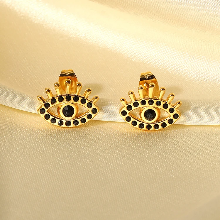 

Hot Sale Black Gemstone Evil Eyes Stud Earrings Waterproof Gold Filled Stainless Steel Devil Eye Stud Earrings Women
