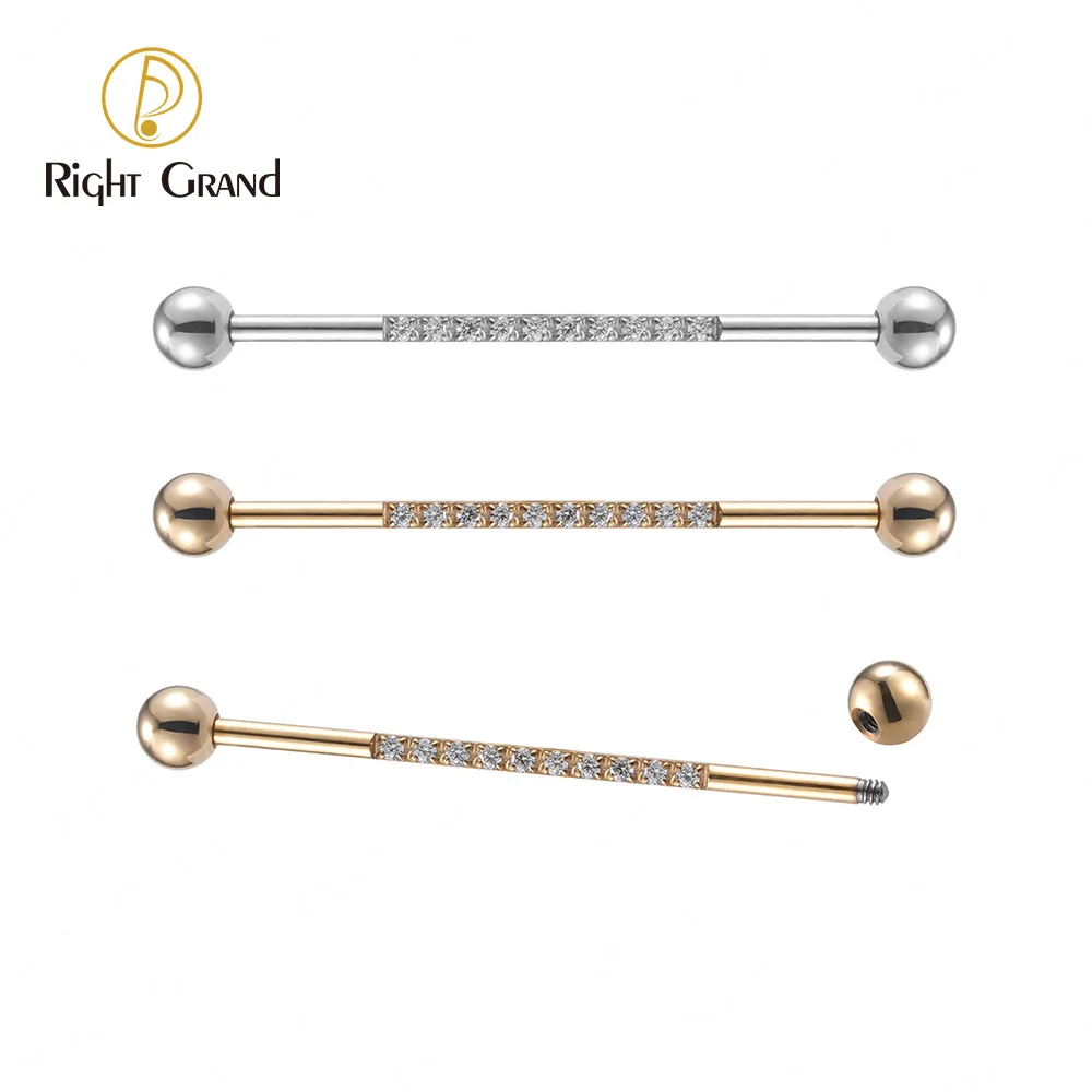 

ASTM F136 Implant Grade Titanium 14G Natural Gold PVD CNC Setting CZ Industrial Barbell