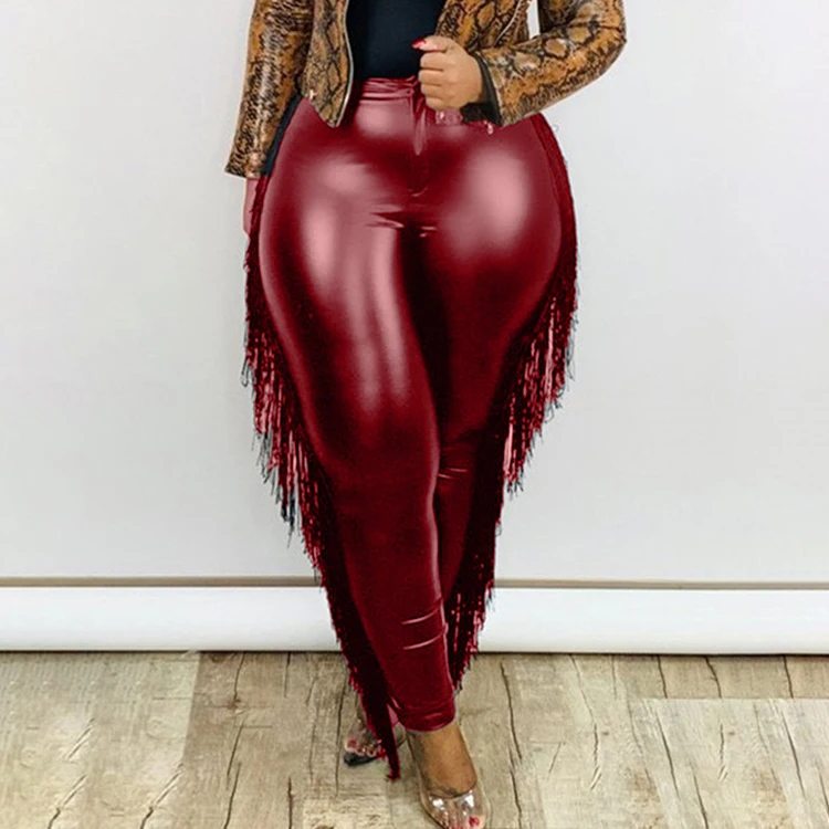

Hot Sell Long Plus Size High Waisted Casual Pocket Skinny Jeans Pencil Woman Pants, Black & red