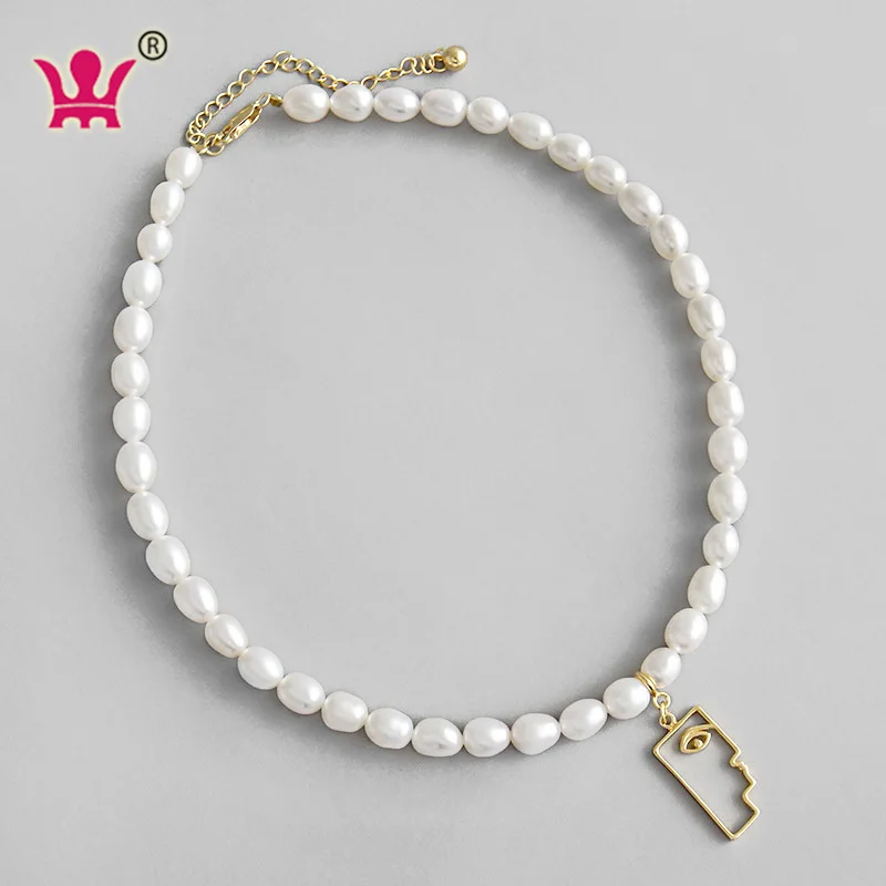 

WMXT244 Natural Pearl Necklace Baroque Freshwater Pearl Face Pendant Chain Choker gold vermeil jewelry 925 sterling silver