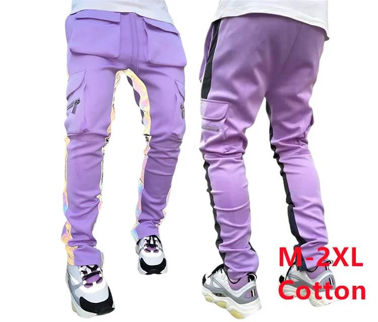 

Custom High Quality Mens Stack Baggy Utility Snap Black Sweat Sweatpants Streetwear Cotton Cargo Reflective Pants, Picture color