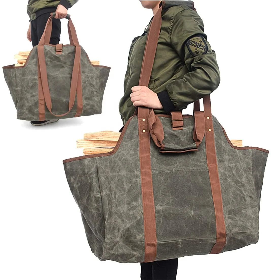 

ODM OEM Factory Large Capacity Fireplace Accessories Holder Waterproof Waxed Canvas Foldable Firewood Log Carrier Tote Bag