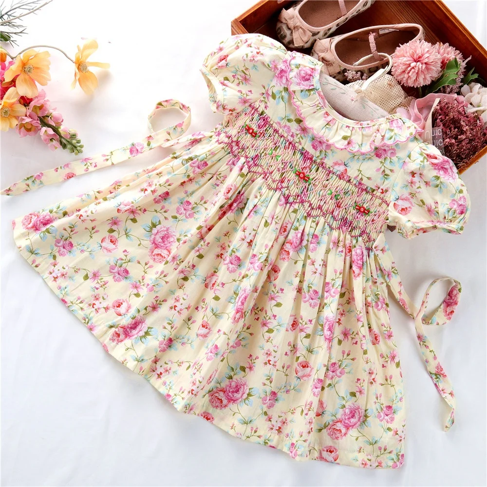 

summer smocked clothing for baby girl dresses cotton wholesale kids outfit boutiques flower frock vintage casual cotton C2852