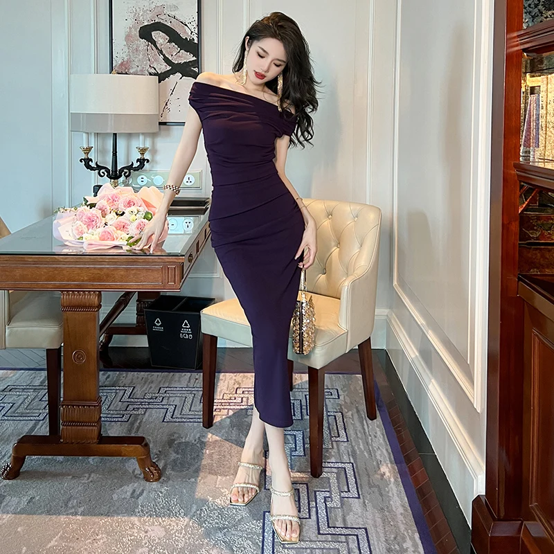 

ZYHT 30173 Simple Design Purple Ruffle Ruching Elegant Modest Off Shoulder Dresses Sexy Outfits One-piece Dress for Women