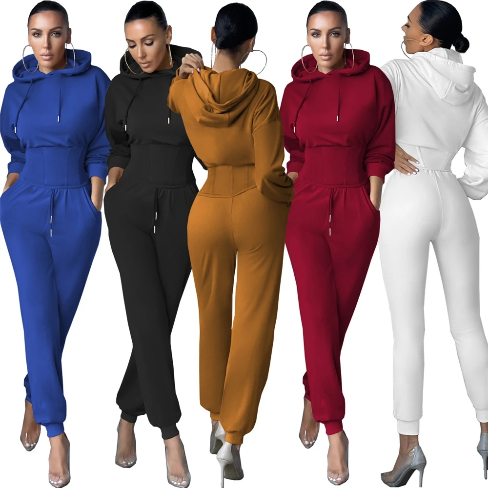 

Fast Shipping Fall Set Long Sleeve Plain Casual Elegant Blank Corset Hooded Sweatshirt Suit Women Two Piece Outfits Set, Picture
