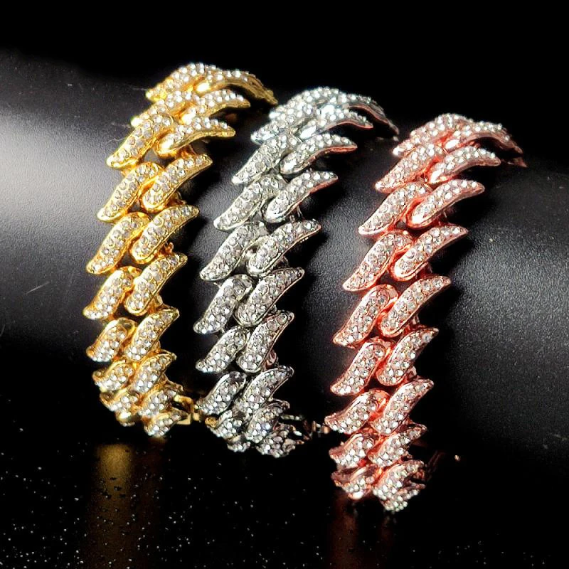 

Punk Rock Hipster Fashion Jewelry 20Mm Copper Inlaid Zircon Men'S Hip Hop Thorns Cuban Bracelet, Silver,gold or custom