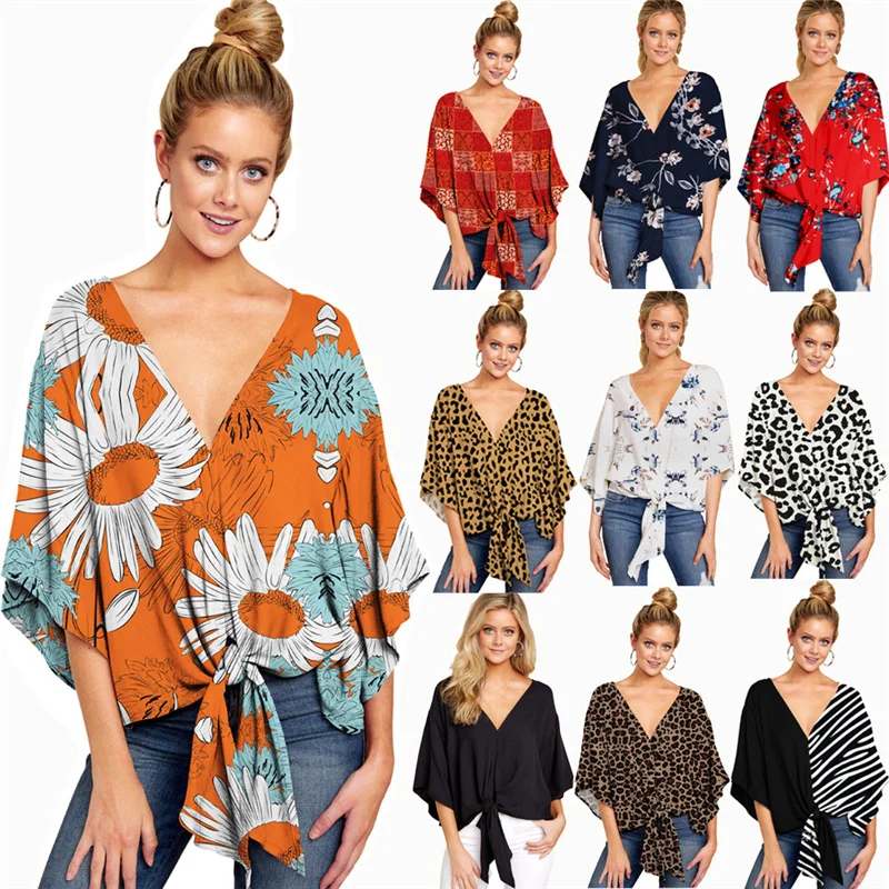 

14 colors Women's plus size European and American summer print shirt V-neck short-sleeved knotted fashion loose top