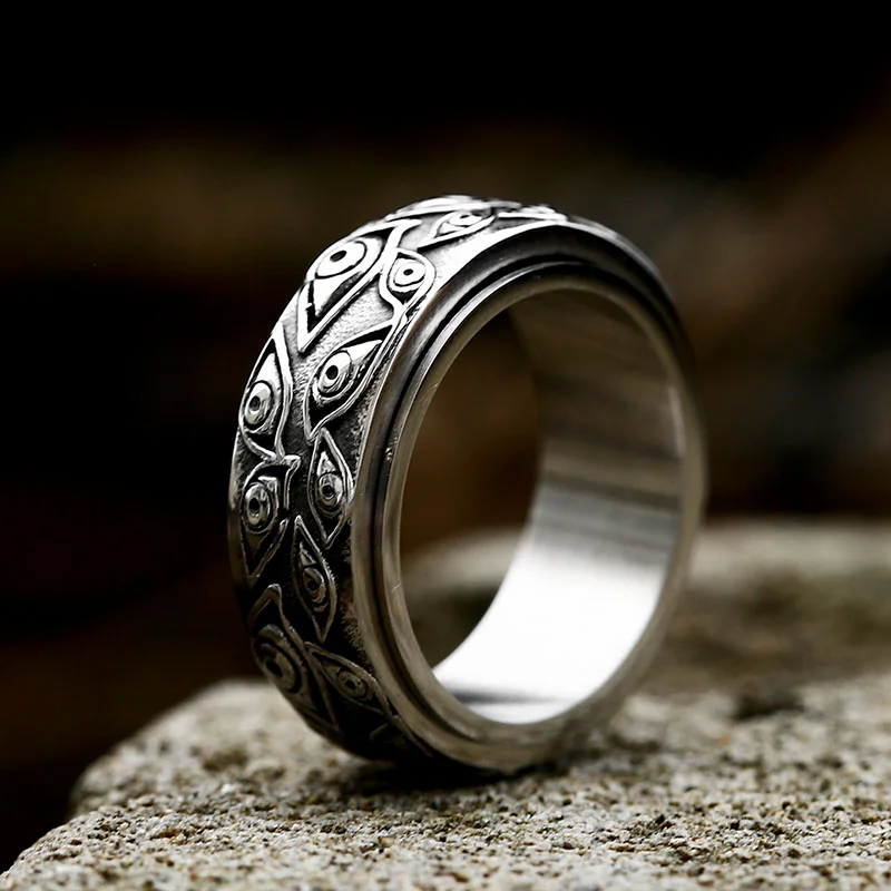 

SS8-1009R New Creative Design Stainless Steel Vintage Japanese Mythology Carved Eyes Men's Ring Spinning Ring Unique Jewelry