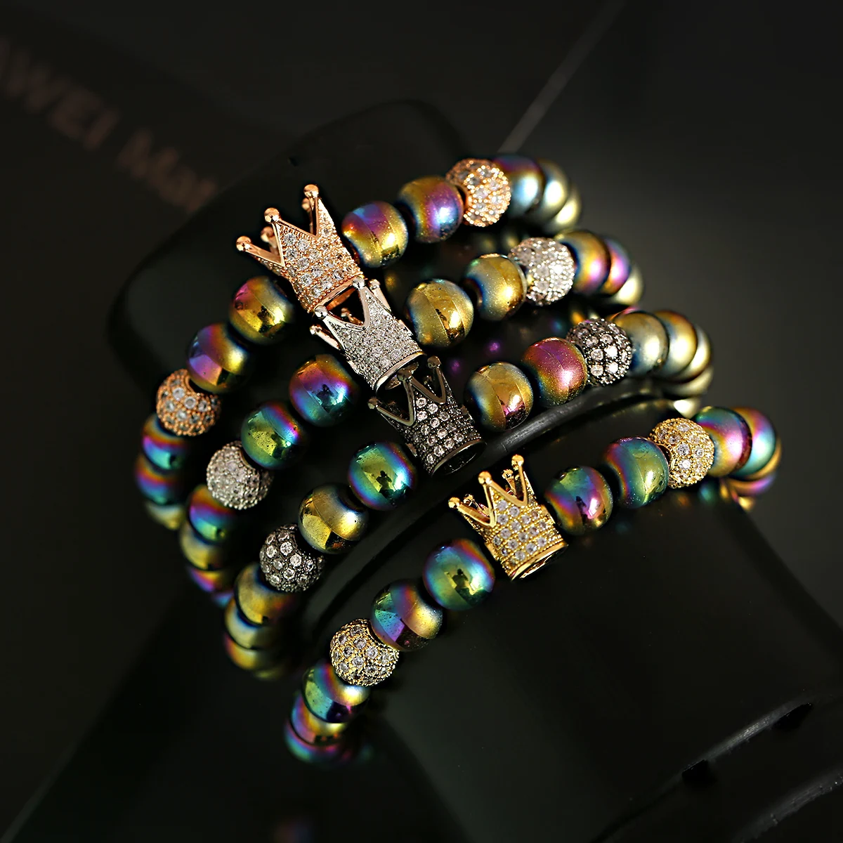 

8MM Beads Luxury Crown Bracelets Fashion Women Braid Adjustable Men's Crown Bracelets Wholesale Making Jewelry, Multi-colors