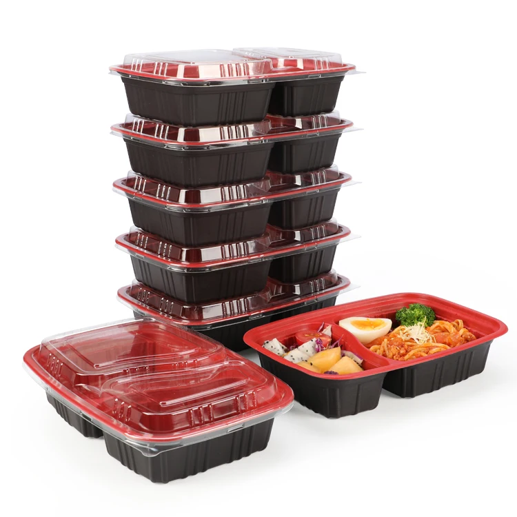 thick red black disposable fast food container with thick clear lid and 2 compartment