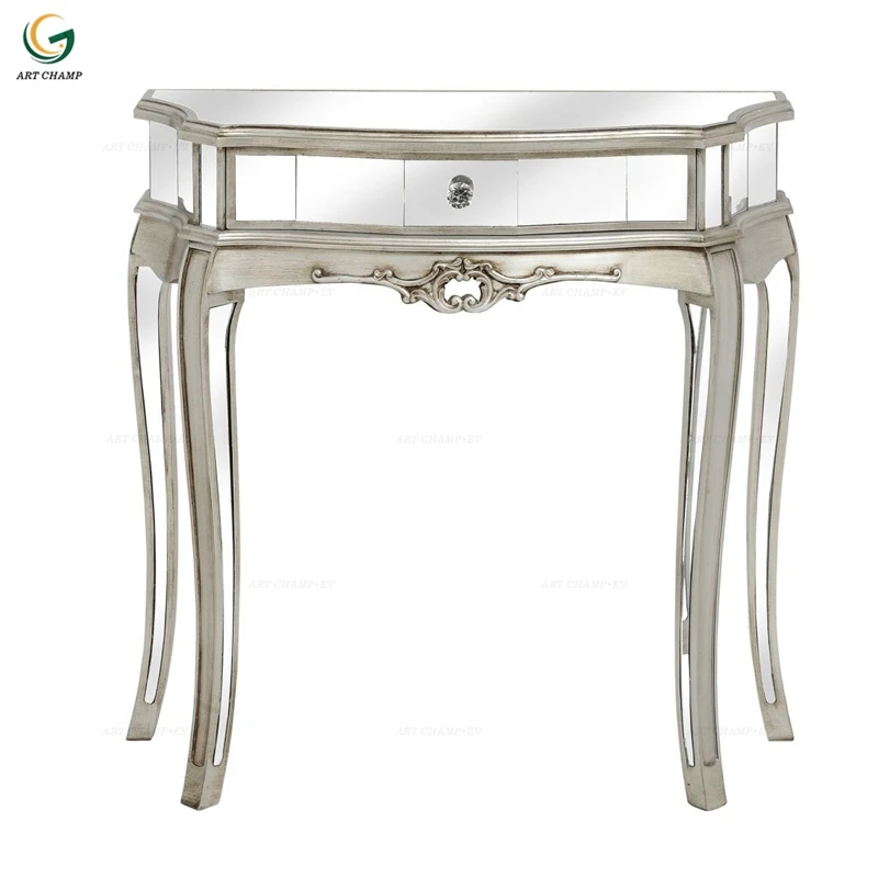 Single Drawer Half Moon Silver Glass Mirror Console Table Wooden