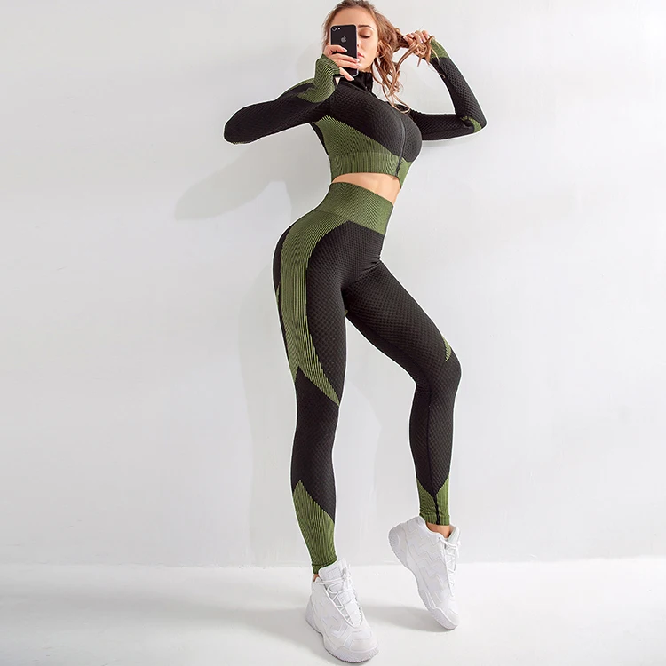 

Hot sale long sleeve yoga suit sports tight zip running breathable seamless yoga leggings for women