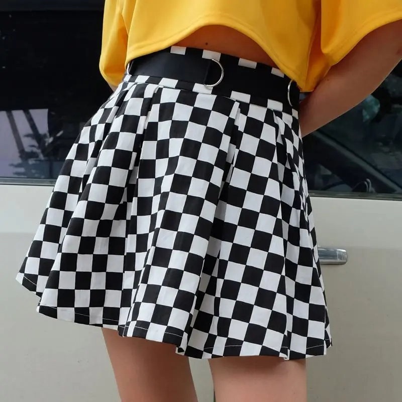 

New Fashion Women Girls Europe Checker black and white squares High Waist Simple Big Hem Hot Sell Short Skirt