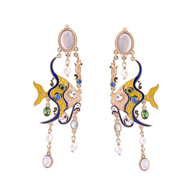 

ed01222b Gold Plated Yellow Enamel Animal Long Pearl Tassel Woman Jewellery Accessories Korean Fish Earrings Jewelry