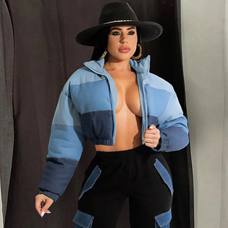 

2021 Winter Coats Fashionable Zipper Up Cotton Padded Jacket Long Sleeve Color Block Coat, Yellow,blue