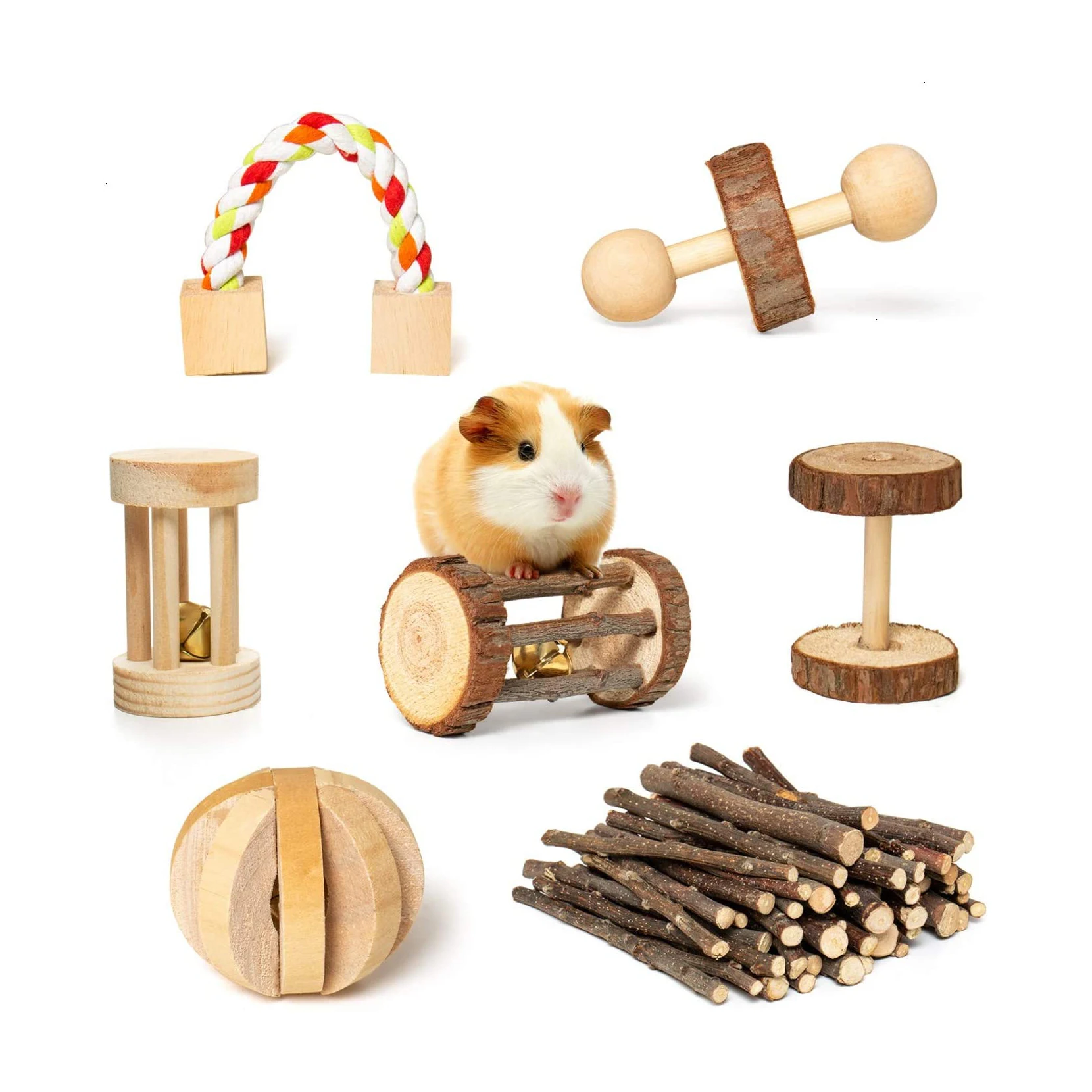 

7 Pack Wooden Accessories Bunny Bird Exercise Molar Rocinha Rabbit Toys Guinea Pig Toys Chinchilla Hamster Chews Toys, As picture