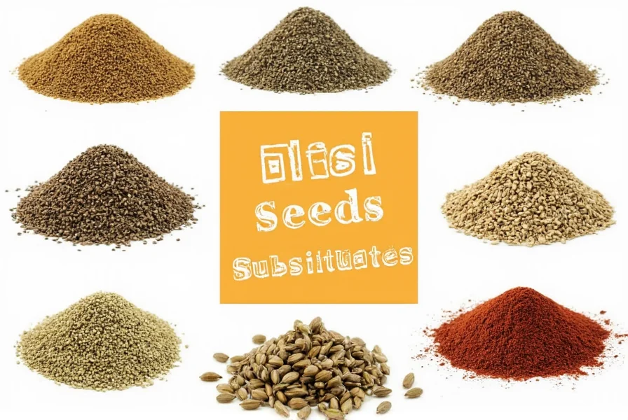 Close-up comparison of fennel seeds, dill seeds, and caraway seeds on wooden cutting board