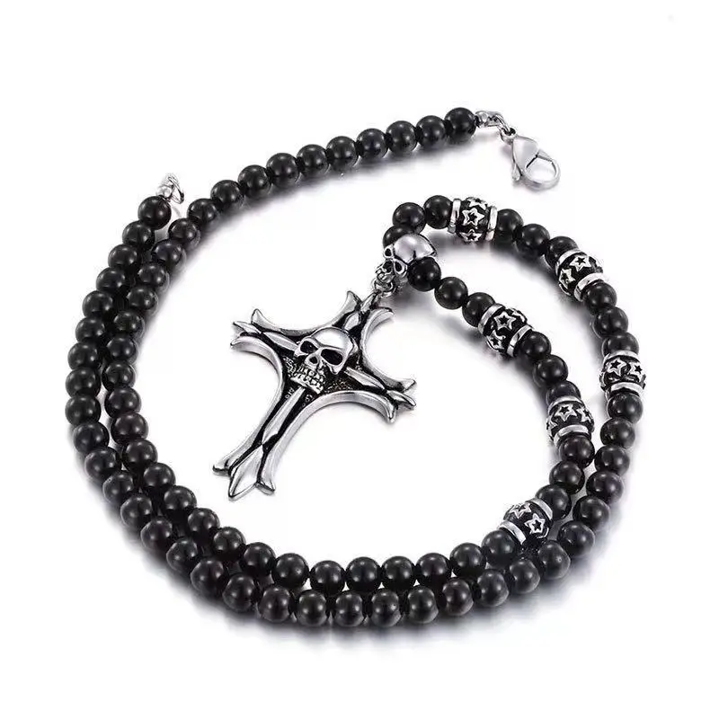 

Fashion men's Beaded Jewelry skull Stainless Steel Cross Pendant Necklace European American retro jewelry wholesale