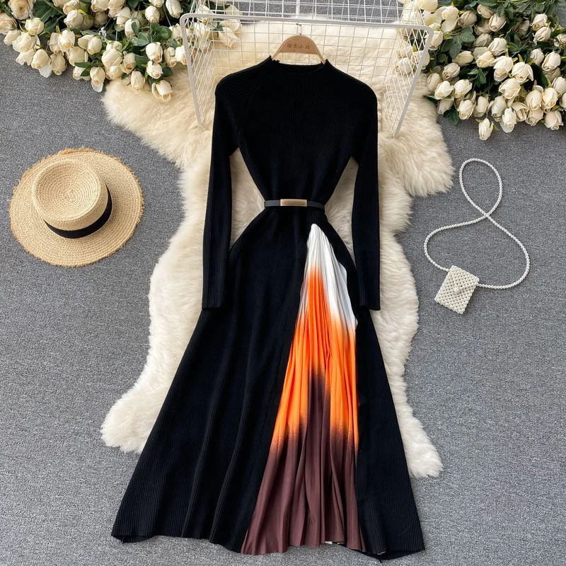 

Autumn Clothes New Elegant Knitted Dress Slim Long Sleeve Girl Dress Stitching Gradual Color Change Pleated Long Dresses Women