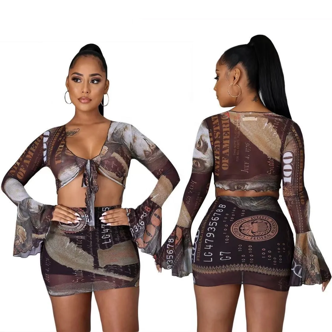 

Sexy Print Bandage Two Pieces Skirt Set Women Flare Sleeve Bow Top And Mini Skirt Suits Clubwear Matching Set