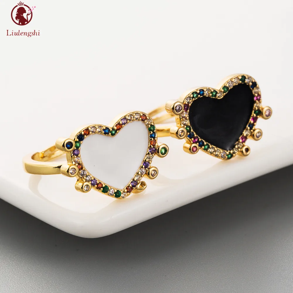 

Gold Plated White Black Rainbow CZ Enamel Heart Shape Ring Simulated Diamond Stackable Dropping Oil Heart Open Finger Ring