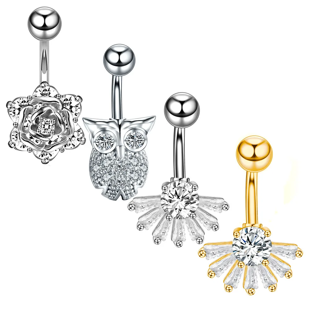 

Trendy 316L Surgical Stainless Steel Butterfly Navel Belly Ring CZ Zirconia Flower Belly Button Rings Sexy Body Piercing Jewelry, Picture