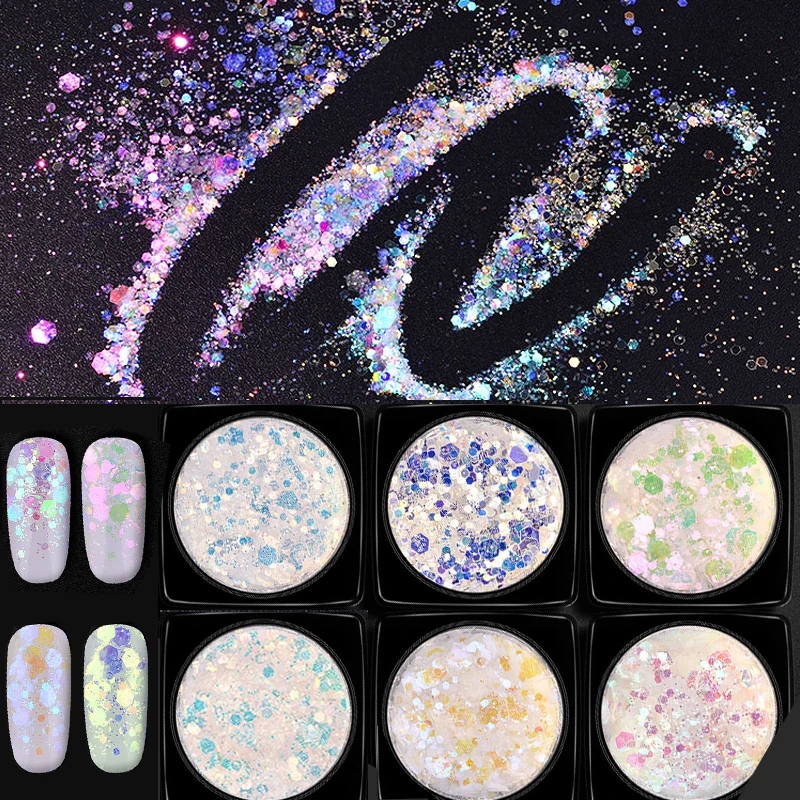 

1Box Laser Aurora Nail Sequins Ultra-thin Mermaid Hexagon Flakes Slice Mixed Glitter Powders 3d Shiny Nail Art Decorations, 6 colors as picture