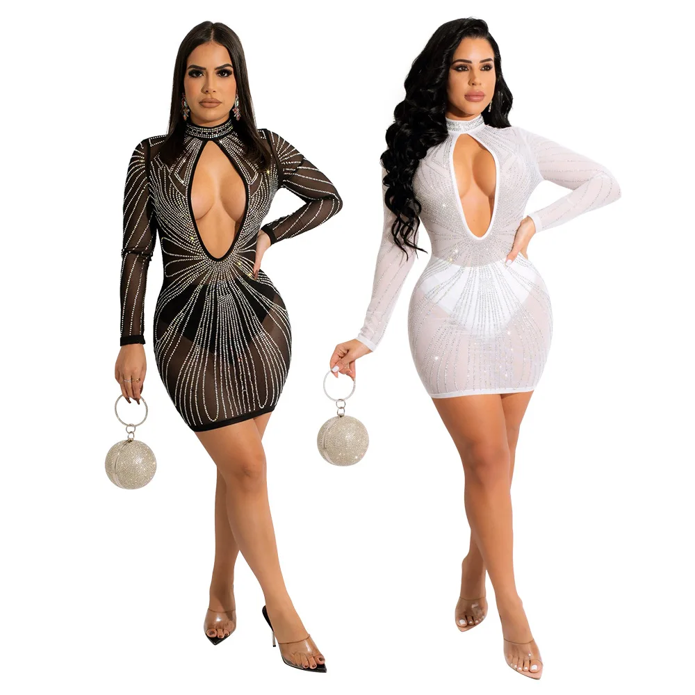 

BH308 Women long sleeve sexy bodycon new years eve party rhinestone dress