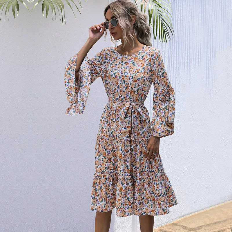 

2022 latest fashion ladies elegant womens dresses long sleeve long dress Korea style pretty floral dress for women