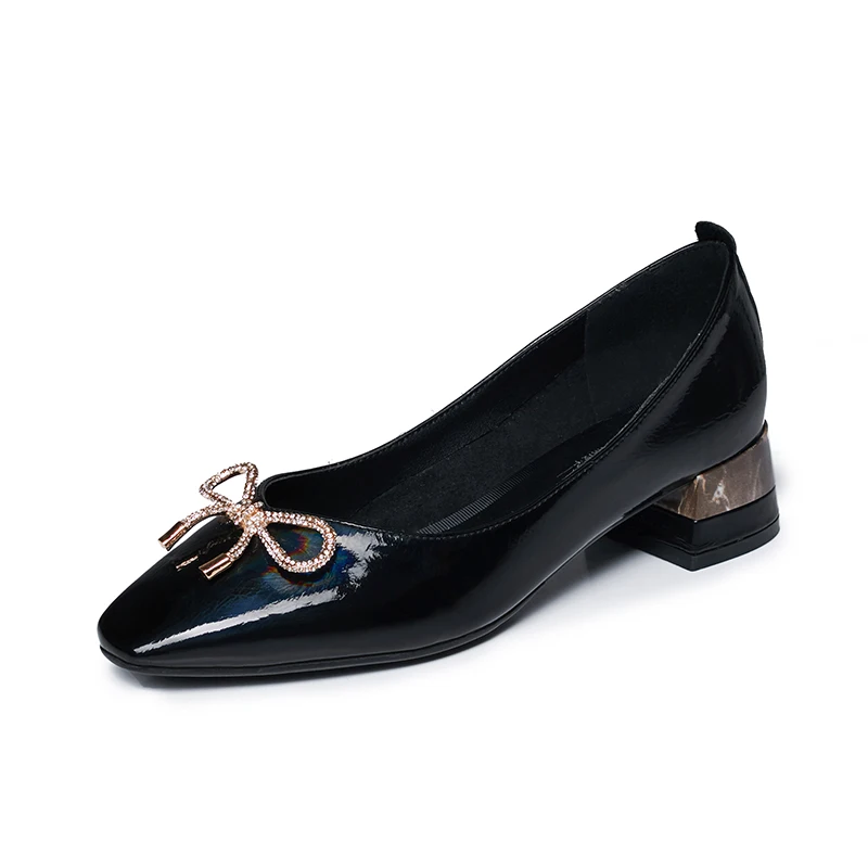 

K011 Genuine leather office shoes ladies med heels for women, Black/light gray