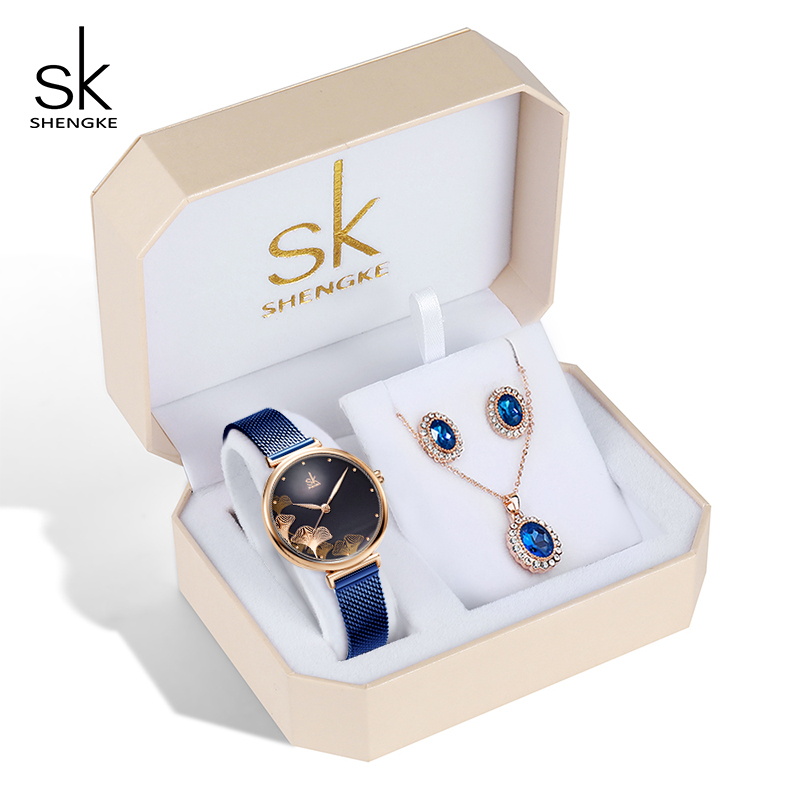 

SHENGKE Blue Watch Sets Luxury Jewelry Set Gift Box Women Watches Wristwatch Earrings Necklaces Collection Set