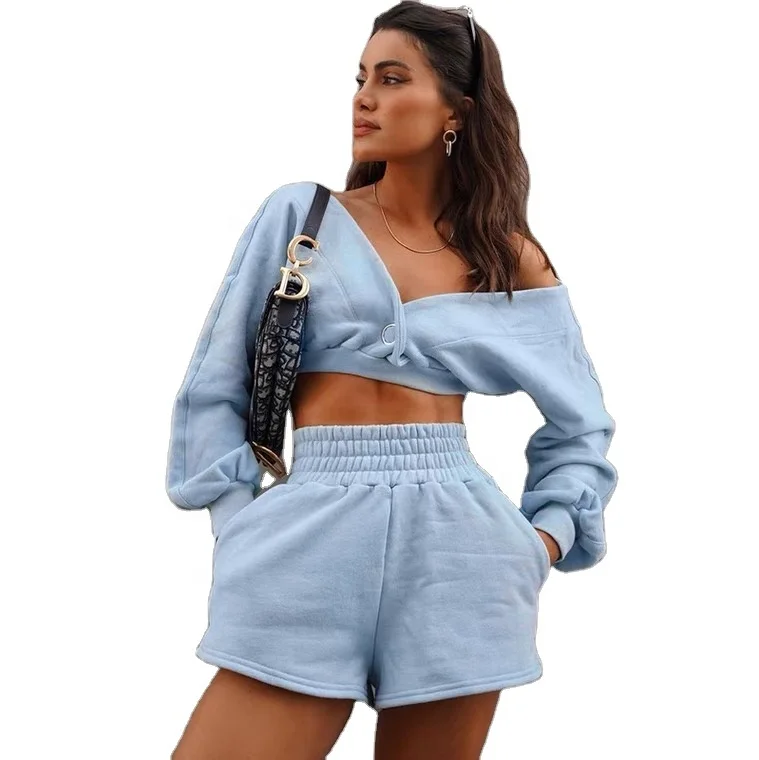 

2021 New Arrival Crop Top Shorts Set, Black, white, grey, light blue, red