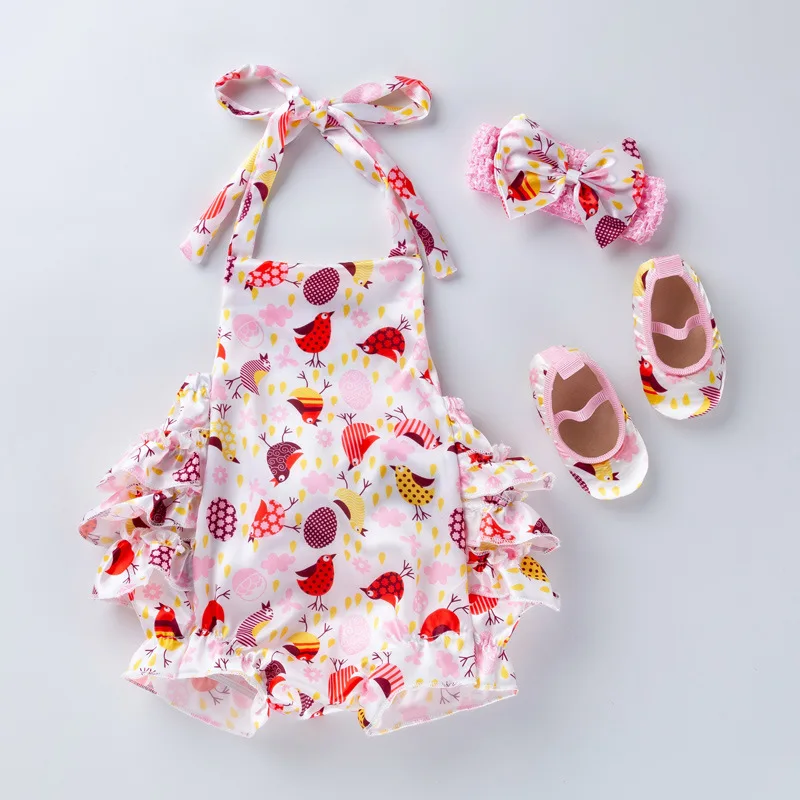 

Summer Cheap Baby clothing toddler halter flower Satin Baby Girl Romper set, Picture