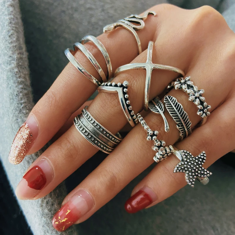 

bohemian leaf flower snake cross rings women vintage silver knuckle finger ring set