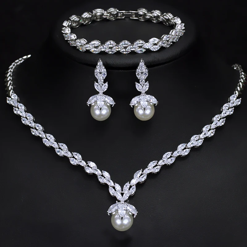 3pcs Silver Color Marquise Cut Cubic Zirconia Big Pearl Drop Earring Bracelet Necklace Jewelry Sets Ladies Bridal Wedding Custom