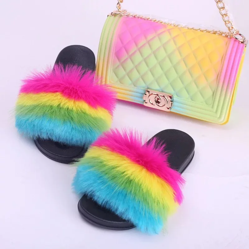 

TX1042 Hot Selling plus size 11 fur slides handbag sets soft fur sandals big size 45 real fox fur slides with purse set