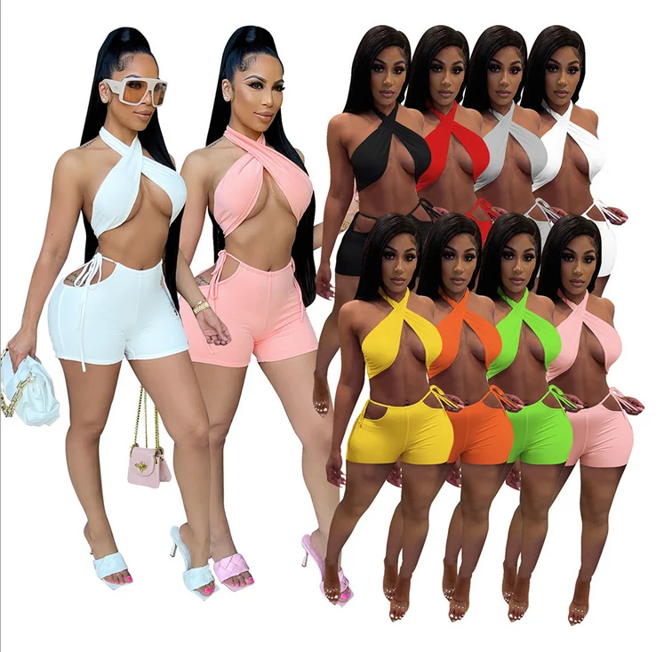 

Halter Crop Top Two Piece Short Sets Summer Sexy Outfit For Women, Black, white, green, orange, gray, pink, yellow