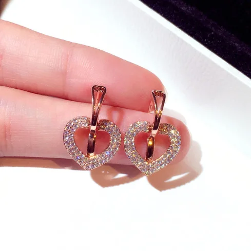 

Valentine's Day Jewelry 925 Sterling Silver Love Heart Shaped Dangle Earrings Exquisite Bling Rhinestone Crystal Heart Earrings