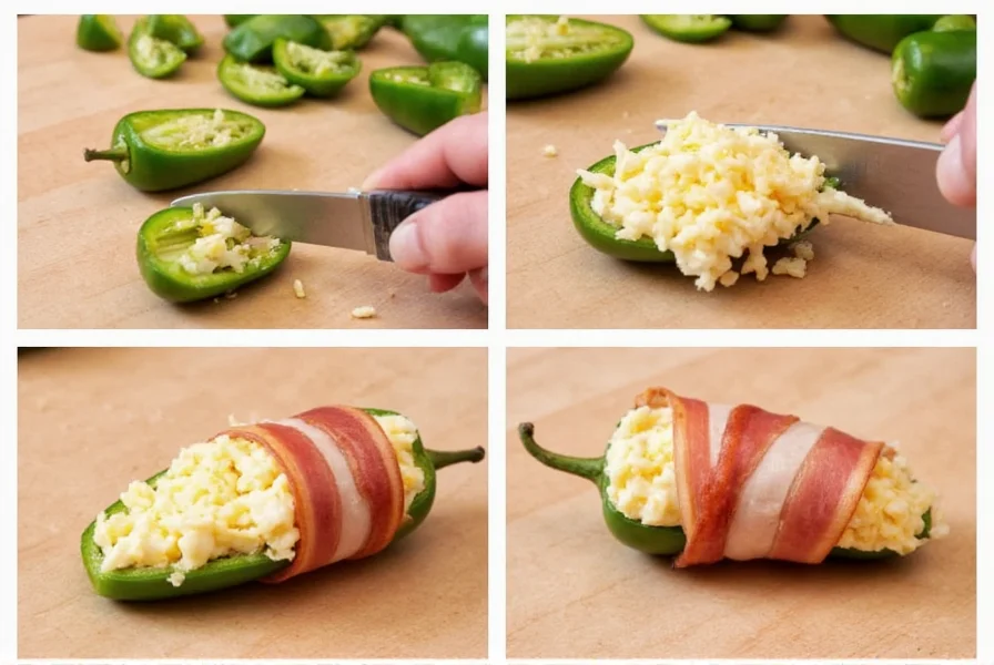 Step-by-step preparation of jalapeno poppers showing cutting jalapenos, removing seeds, filling with cheese mixture, and wrapping with bacon