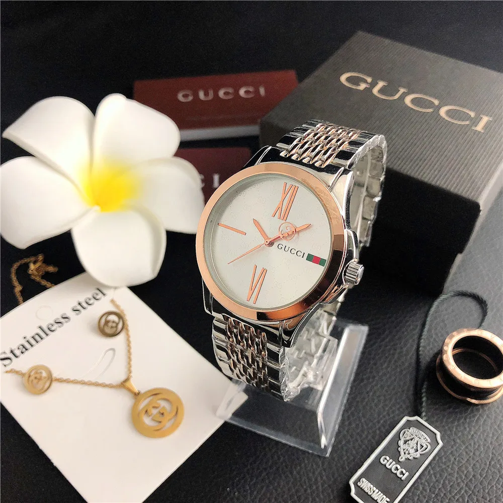 

Fashion new ladies small dial with the same paragraph steel belt alloy quartz watch set come with box and jewelry, Gold