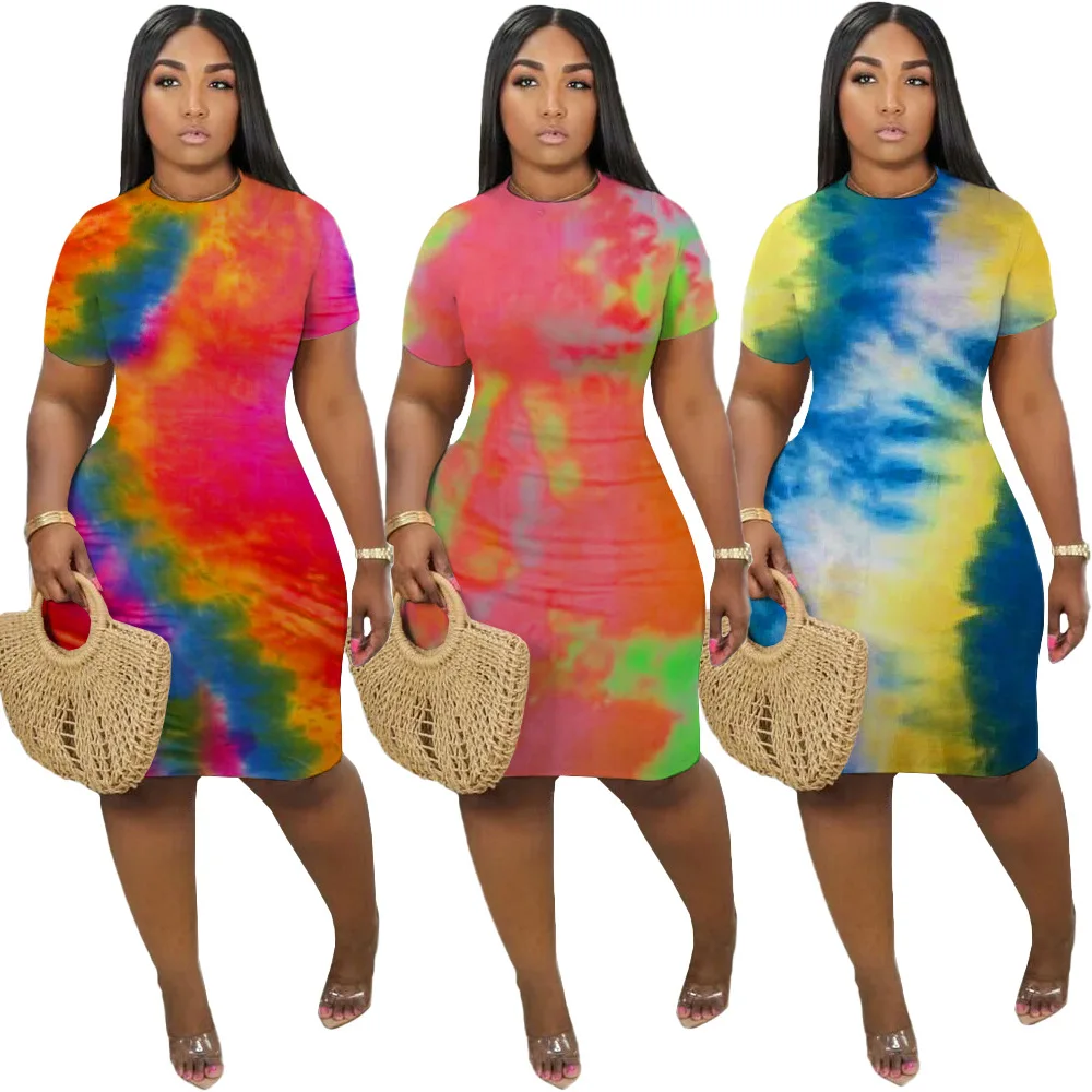 

FNN-8514 Wholesale Women'S Cute Tie-Dye Tight Round Neck Sexy Dress