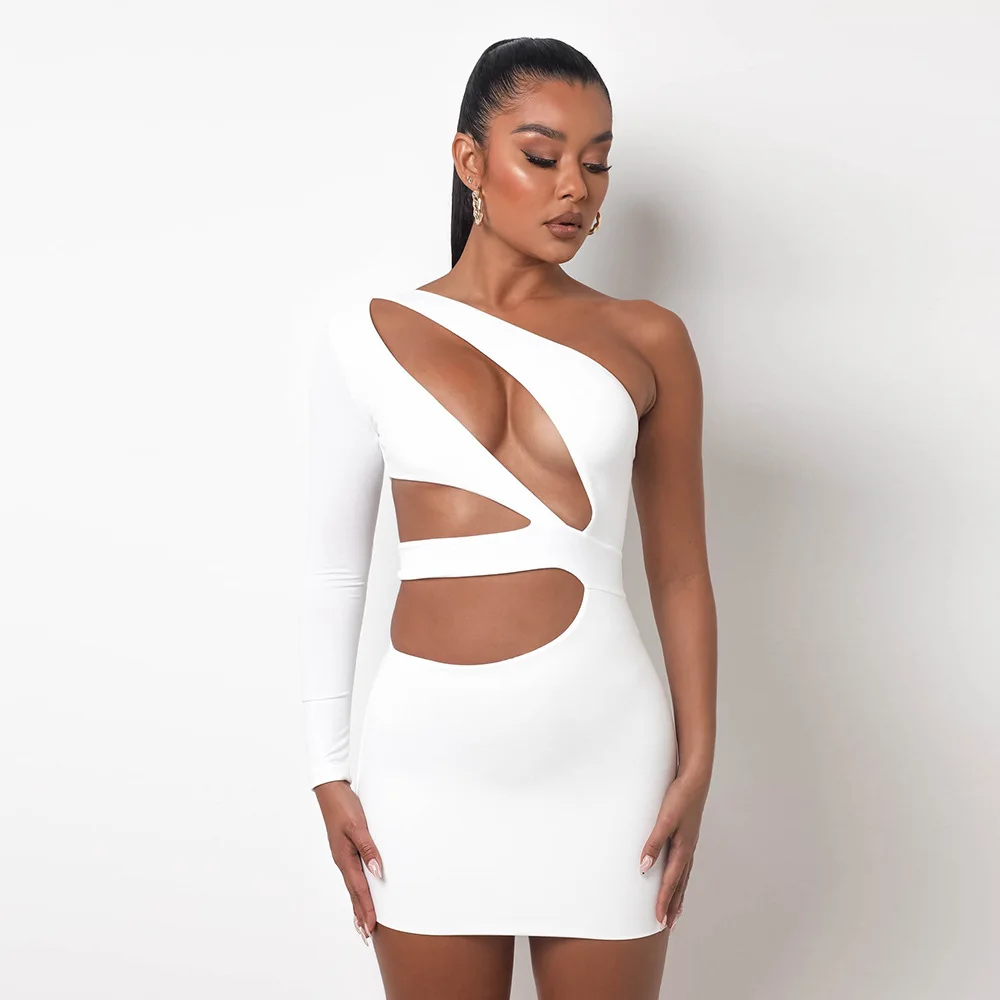 

2021 Amazon New Arrivals Ladies Dress One Shoulder Long Sleeve Hollow Out Mini Ladies Sexy Dress Club