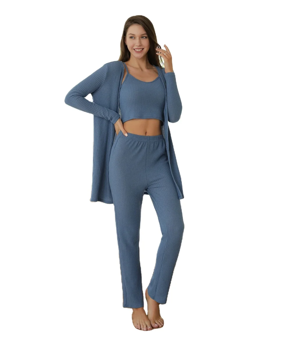 

Women's Waffle Knit Cami Long-sleeved Top and Knot Pants with Robe Tracksuit 3 Piece Pajama Set Outfit