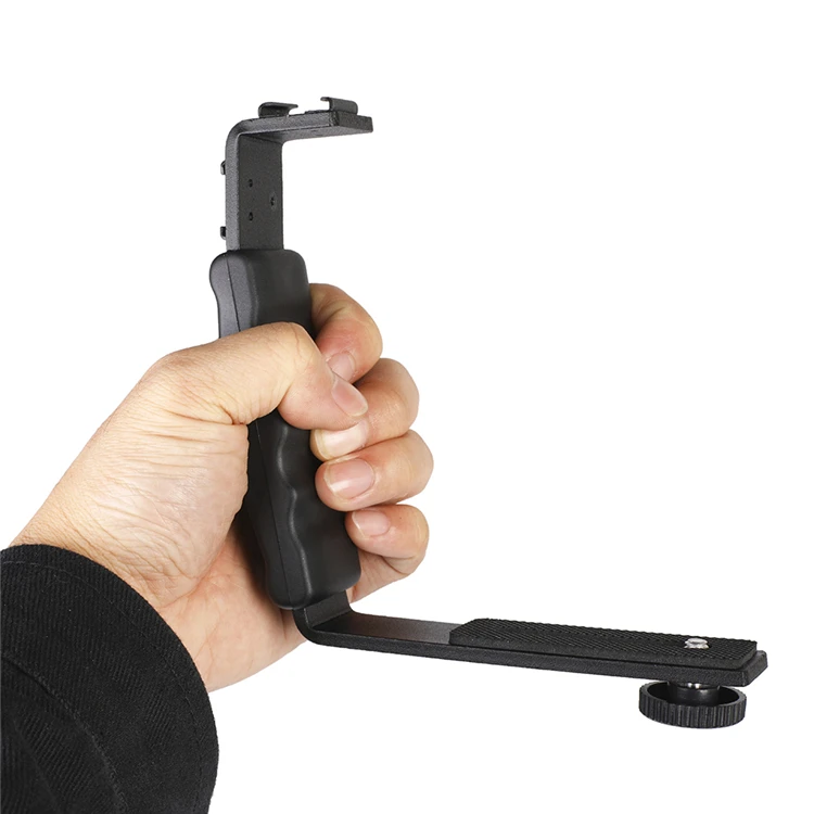 

Aluminium Alloy L-shaped Camera Flash Holder Light Stand with 2 Hot Shoe Mounts For Canon DSLR Speedlites, Black