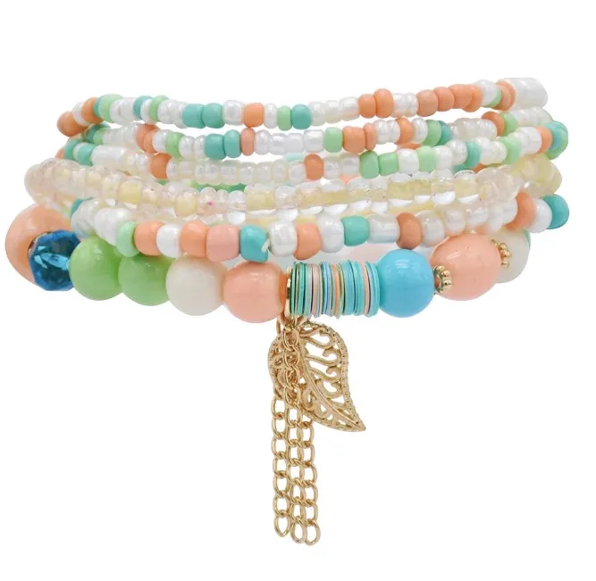 

6 Pcs/Set Bohemian Multi-layer Beaded Bracelets Set Women Leaf Pendant Colorful Stone Elastic Bracelets Fashion Jewelry, Red,multi