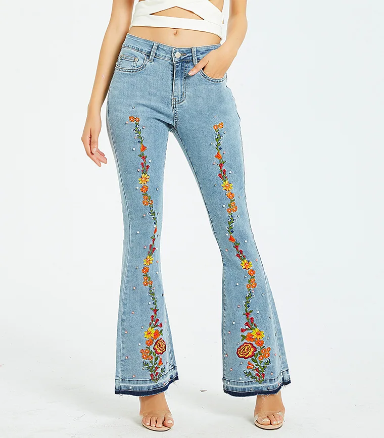 

Amazon Best Selling 2021 Spring Woman 3D Floral Embroidery Pearl Beading Boot Cut Plus Sizes Denim Jeans For Fat Ladies, Light blue