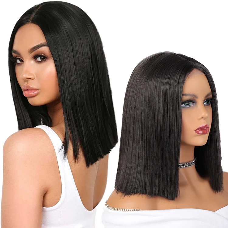 

Lowest Price Fiber Short Straight Bob Heat Resistant Bob Cut Black Afro Vendors Lace Front Wig Synthetic