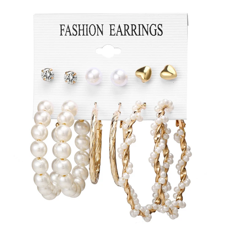 

N24203 Fashion Earring Set Jewelry 6 Pairs Crystal Heart Stud Earrings Imitation Pearl Gold Plated Hoop Earrings for Women, As picture